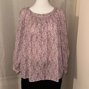 a.n.a. XL White Lavender Purple Floral Cotton Lurex Balloon Sleeve Blouse